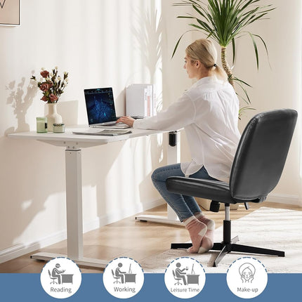 DUMOS Desk Chair No Wheels, Criss Cross Chair Wide Cross Legged Office Desk Vanity Chair, PU Leather Armless Adjustable Swivel Chairs for Home Computer Task Black