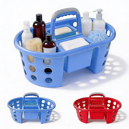 SIMPLYKLEEN Large Shower Caddy Portable 2PC - Made in USA Plastic Jumbo Size Dorm Storage Candy Tote with Handle Shower Organizer for Bathroom, Pantry, Kitchen, College Dorm, Red/Periwinkle