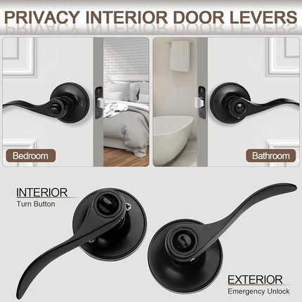 Hasmikit 5 Pack Matte Black Door Handles Privacy Door Levers, Heavy Duty Bed and Bath Door Locks Interior Door Knobs, Reversible Keyless Wave Lever Door Handles