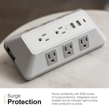 Protector de sobretensión GE de 8 tomas con cable de extensión y toma de corriente USB para oficina en casa 2000J 2 USB-A 1 USB-C Blanco/Gris - 73654