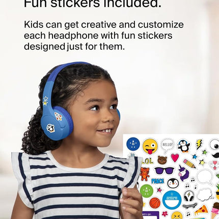 Belkin SoundForm Mini Kids Wireless Headphones with Built-In Microphone, 30H of Playback Time, & Fun Stickers - Over-Ear Headsets for Online Learning, School, Travel, iPhone, iPad, Galaxy - Blue