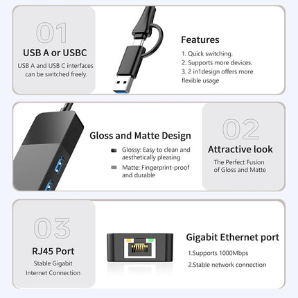ALL-LUCKY USB to Ethernet Adapter, 4 in 1 USB C to Ethernet Adapter Hub with 3 x USB 3.0 Port/Gigabit Internet Port, High-Speed Network Hub Compatible for iMac,MacBook Pro