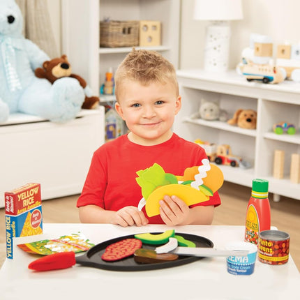 Melissa & Doug Fill & Fold Taco & Tortilla Set, 43 Pieces � Sliceable Wooden Mexican Play Food, Skillet, and More - FSC CertifiedTaco Play Food Set, Pretend Kitchen Toy for Kids Ages 3+