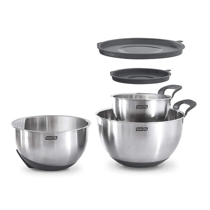 DASH Stainless Steel Mixing Bowls with Lids, Silicone Non-Slip Base with Measuring Lines and Strainer, 3 Bowl Set - 1.5 Quart, 3 Quart, & 5 Quart - Grey