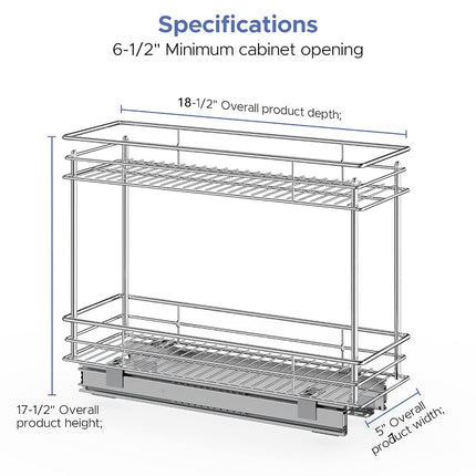 LOVMOR Pull Out Cabinet Organizer and Storage (5" W x 21" D) 2-Tier Pull Out Shelf Storage for Kitchen Base Cabinet Silver(5" W x 21" D, Silver, Roll on Top)