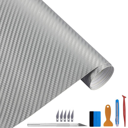 LZLRUN Silver 3D Carbon Fiber Car Vinyl Wrap Self 
