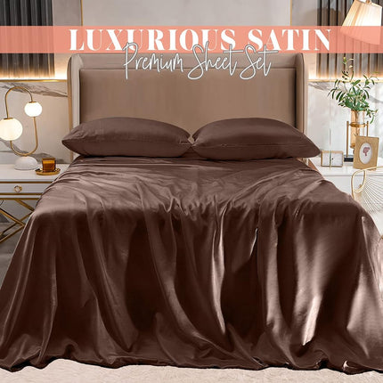 Elegant Comfort Luxurious 4-Piece Silky Satin Sheet Set, Skin and Hair Friendly, Wrinkle, Fade, Stain Resistant with Deep Pockets Fitted Sheet, Cooling Soft Satin Sheets, Queen, Chocolate Brown