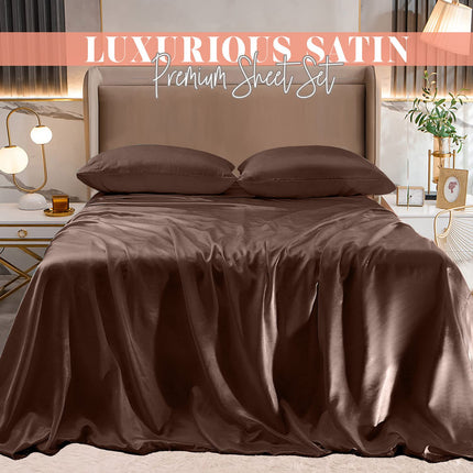 Elegant Comfort Luxurious 4-Piece Silky Satin Sheet Set, Skin and Hair Friendly, Wrinkle, Fade, Stain Resistant with Deep Pockets Fitted Sheet, Cooling Soft Satin Sheet Set, Twin, Chocolate Brown