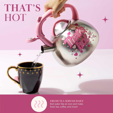 Paris Hilton Whistling Stovetop Tea Kettle, Stainless Steel with Color Changing That's Hot Heat Indicator Design, Soft Touch Handle, 2.5-Quart, Pink