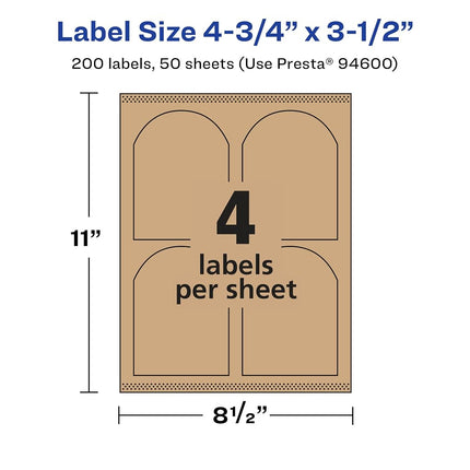 Etiquetas Marrones Kraft Arqueadas Avery con Sure Feed, 4.75" x 3.5", 200 Etiquetas Marrones Kraft, Impresión hasta el Borde, Etiquetas Imprimibles Láser/Inyección de Tinta