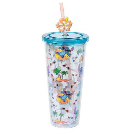 Gobelet en plastique froid Silver Buffalo Disney Lilo et Stitch Motif plage et palmiers, avec couvercle et paille, 700 ml