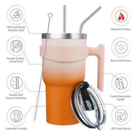 BJPKPK 30 oz Tumbler with Handle and Straw Stainless Steel Insulated Tumbler with Lid Reusable Metal Coffee Cups,Coral