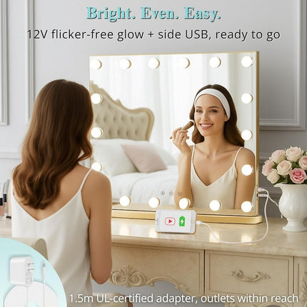 LUXFURNI Vanity Mirror with Light, 60 x 52 cm Hollywood Makeup Mirror Gold