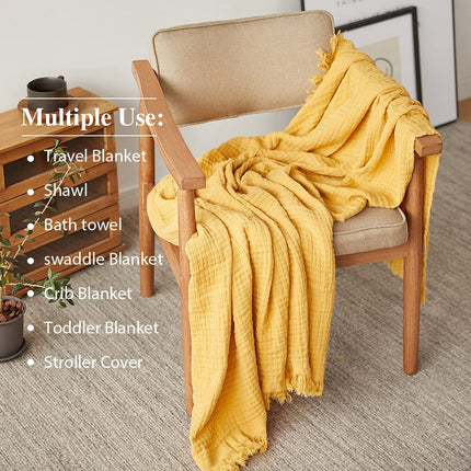 Simple&Opulence Plaid en mousseline de coton pour lit, canapé, couverture tissée en gaze avec pompons, douce, légère, confortable, prélavée, respirante, décoration de ferme pour toutes les saisons (jaune)