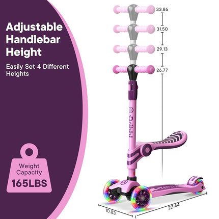 Pink & Purple 3 Wheel Scooter with Seat for Kids – Light-Up LED Wheels, Adjustable Handlebar and Seat, Smooth PU Wheels, Wide Anti-Slip Deck, Rear Foot Brake – Toddler Outdoor Toys for Ages 2+