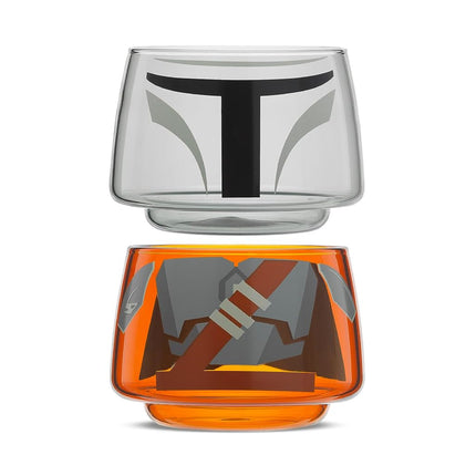 JoyJolt Character Stackable Star Wars Drinking Glasses - 8oz Mandalorian Glass Cups, Head and Body! Set of 2 for Bar, Kitchen - Fun Glassware, Star Wars Gifts