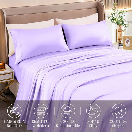 Elegant Comfort Luxurious 4-Piece Silky Satin Sheet Set, Skin and Hair Friendly, Wrinkle, Fade, Stain Resistant with Deep Pockets Fitted Sheet, Cooling Soft Satin Sheet Set, Twin, Lilac