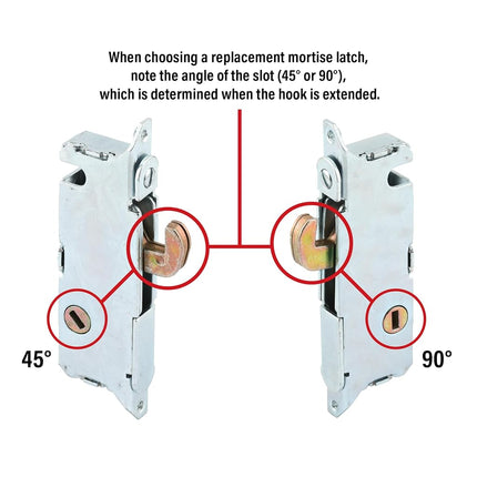 Prime-Line E 2199 Stainless Steel Mortise Lock - Adjustable, Spring-Loaded Hook Latch Projection for Sliding Patio Doors Constructed of Wood, Aluminum and Vinyl, 3-11/16”, 45 Degree Keyway, Round Face