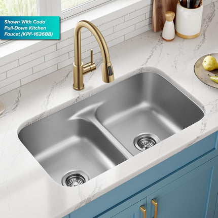 KRAUS KBU32 Premier 32-inch 16 Gauge Undermount 50/50 Double Bowl Kitchen Sink with Smart Low Divider