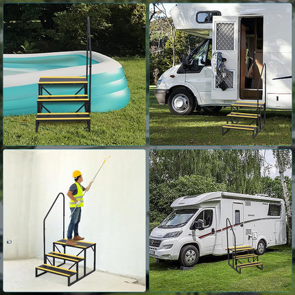 Escalones de 3 peldaños para RV con pasamanos, escalones de metal para jacuzzi con cintas antideslizantes, escalones portátiles para RV, escalones para casas móviles, remolques de viaje, cámper, jacuzzi, piscina en el suelo para interiores y exteriores