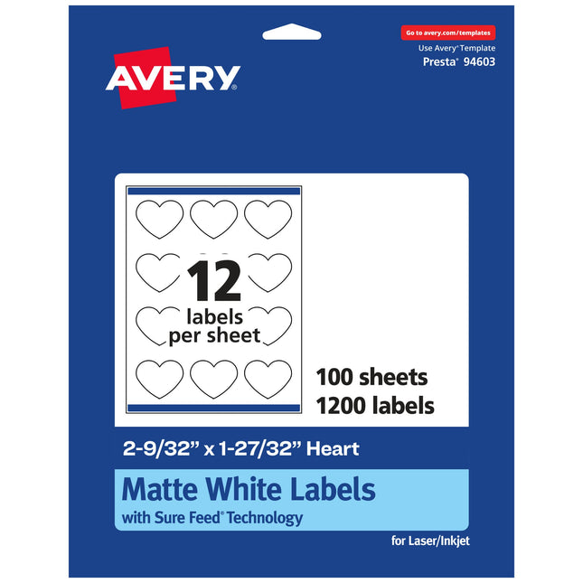 Avery Matte White Heart Labels with Sure Feed, 2-9