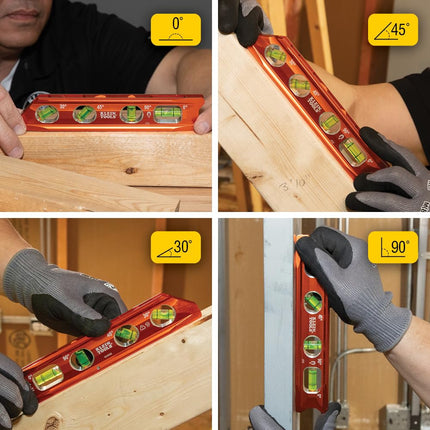 Klein Tools 935RB Torpedo Level, 8-Inch Billet Magnetic Level, 0/30/45/90 Degree Vials, V-Groove, Tapered Nose, High-Visibility Vial and Body