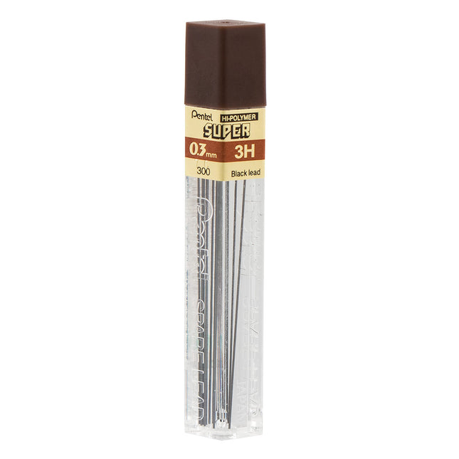 Mines Pentel Super Hi-Polymer, 0,3 mm, extra fines, 3H, 12 mines/tube, boîte de 12 (300-3H)