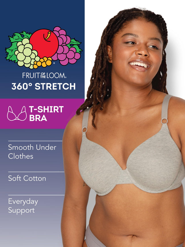 Soutien-gorge T-shirt en coton lisse Fruit of the Loom pour femme - Ultra doux, flexible et invisible sous les t-shirts, Opaque, Desert Dusk/Gris Chiné/Olive, 36DD (Lot de 3)
