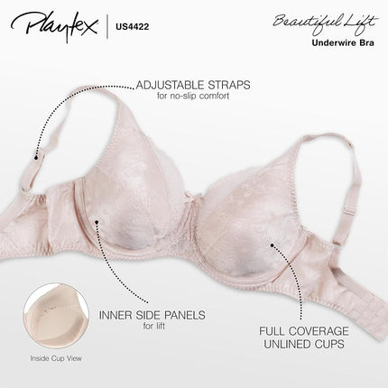 Playtex Womens Secrets Full-Figure Underwire Bra, Beautiful Lift Full-Coverage Underwire Bra, White, 34D