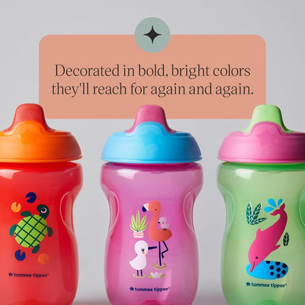 Tommee Tippee Sippee Cup, Water Bottle for Toddlers, 9 Months+, 10oz, Spill-Proof, Bite-Resistant Spout, BPA Free, Pack of 3, Red, Purple and Green