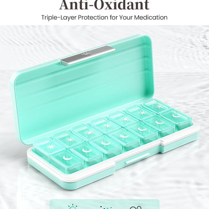 Zoksi Am Pm Pill Organizer 7 Day, Weekly Pill Box 2 Times a Day, Medicine Pill Organizer with Separate Compartment, Travel Pill Case Dispenser Portable for Vitamins, Fish Oils, Medicines(Green)