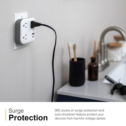 GE UltraPro 3-Outlet Surge Protector, Outlet Extendor with USB, Wall Tap, 1 USB-A, 1 USB-C, Adapter Spaced, for Home or Office, 900 Joules, Charging Station, White - 81787