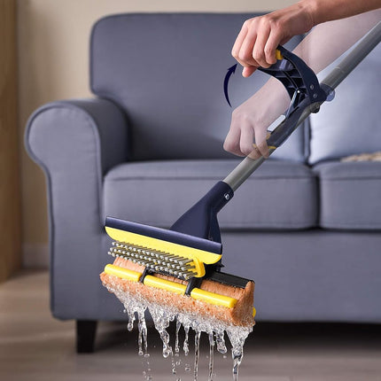 Yocada Fregona de esponja para uso comercial y doméstico, para limpieza de azulejos, baños, garajes, con 2 cabezales de esponja en total, escurridor y mango telescópico extensible largo de 42.5 a 52 pulgadas, fácil de escurrir y secar