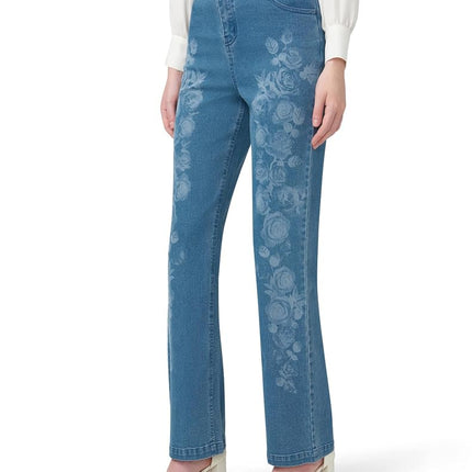 HUE Women's Ultra Soft High Waist Denim Baby Bootcut Leggings, Floral Medium Wash, Large
