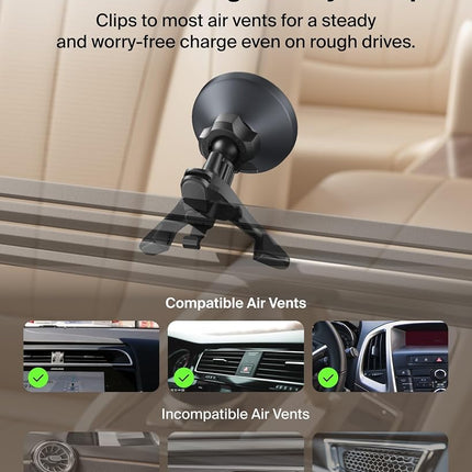 Belkin Wireless Car Charger, Magnetic Car Ventilation Holder with 1M USB C Cable, Qi2 MagSafe Compatible Fast Charger for iPhone 17, Galaxy S25, Pixel 10 and More - Travel Accessories - Black