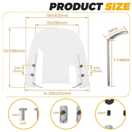 ECOTRIC Universal Scooter Windshield 14.3"x16.5" Compatible with Yamaha Honda 125cc 150cc Moped Dirt Bike Motorcycle Windscreen Transparent Acrylic