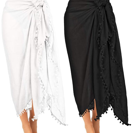 2 Pièces Sarong de Plage Femme Paréo Maillot de Bain Couvertures en Mousseline Long Sarong Paréo avec Pompon pour Femmes Filles (Noir, Blanc)