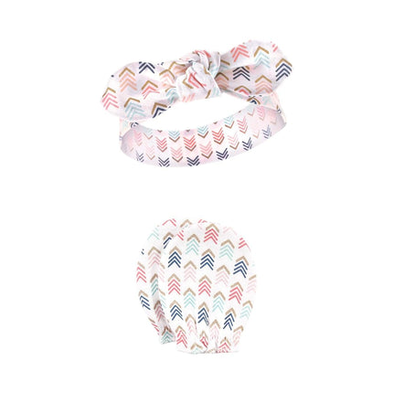 Hudson Baby Baby Girls' Cotton Headband and Scratch Mitten Set, Feathers, 0-6 Months