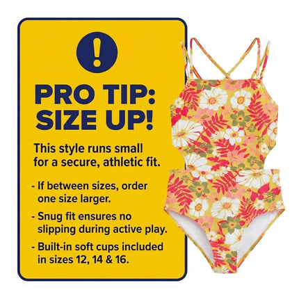 Kanu Surf Girls' Beach Sport Cut-Out One Piece Swimsuit, Spring Bouquet Yellow, 12