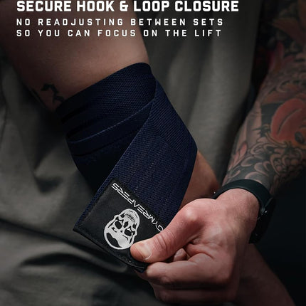 Gymreapers Weightlifting Elbow Wraps (1 Pair) - Flexible 40'' Elbow Compression Strap & Joint Support Brace - for Bench Press, Powerlifting, and Pressing (Navy)