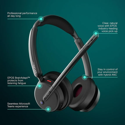 EPOS IMPACT 500 ANC Wireless Headset – Teams Certified with USB-C & USB-A Connectivity – Advanced Bluetooth Audio for Smarter, Distraction-Free Work