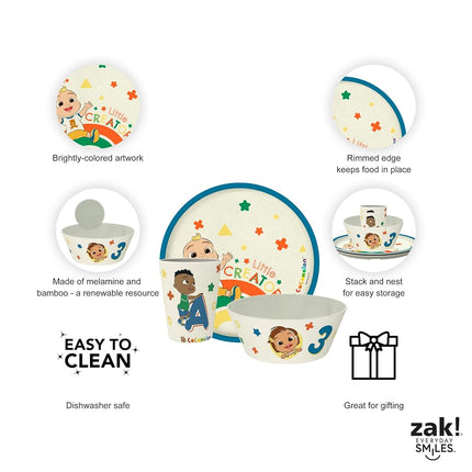 Zak Designs CoComelon Kids Dinnerware Set 3 Pieces, Durable and Sustainable Melamine Bamboo Plate, Bowl, and Tumbler are Perfect for Dinner Time with Family (JJ, Cody, Nina)