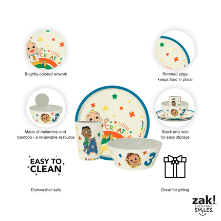 Zak Designs CoComelon Kids Dinnerware Set 3 Pieces, Durable and Sustainable Melamine Bamboo Plate, Bowl, and Tumbler are Perfect for Dinner Time with Family (JJ, Cody, Nina)