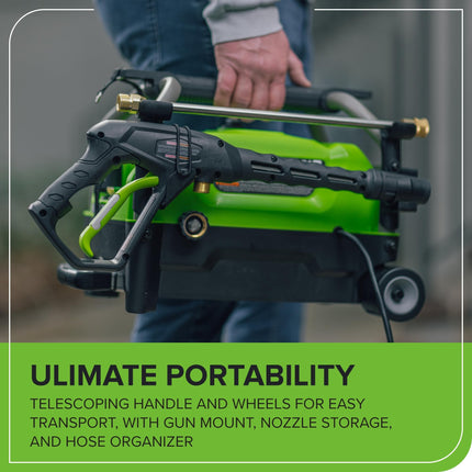 Greenworks 2100 PSI (Certificación SGS) 1.2 GPM Hidrolavadora Eléctrica Compacta de 13A con Mango Telescópico para Coches, Entradas de Garaje, Patios, Muebles de Patio y Alrededor de Piscinas