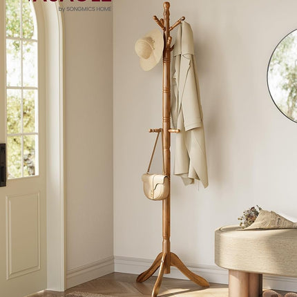 VASAGLE Wooden Coat Rack with Hooks, Traditional Design, Adjustable Height