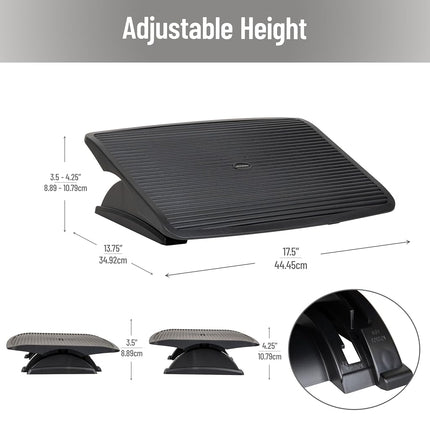 Mind Reader Foot Rest, Under Desk at Work, Ergonomic, Height Adjustable, Office, Plastic, 17.5" L x 13.5" W x 3.5" H, Black