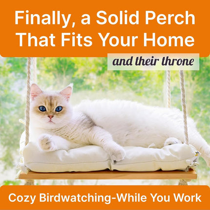 Cat Window Perch with Industrial-Grade Suction Cups - Solid Pine Wood Hammock Bed, Soft Cushion - 42 lb Capacity for Cats Inside