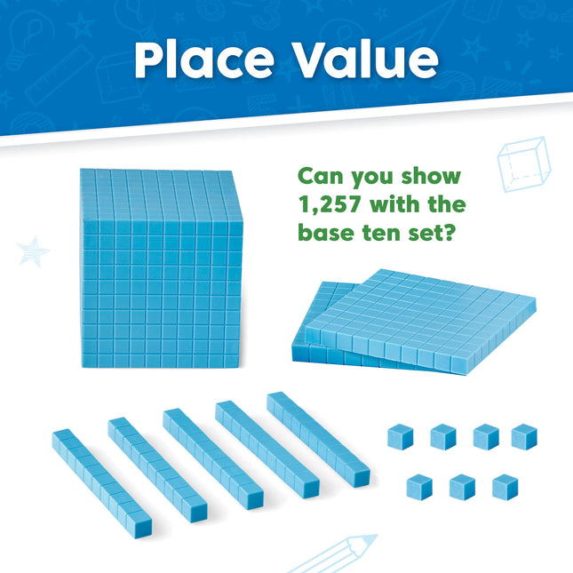 hand2mind Blue Plastic Base Ten Blocks Complete Set, Place Value Blocks, Counting Cubes for Kids Math, Base 10 Math Manipulatives for Kids, Kindergarten Homeschool Supplies (Set of 161)