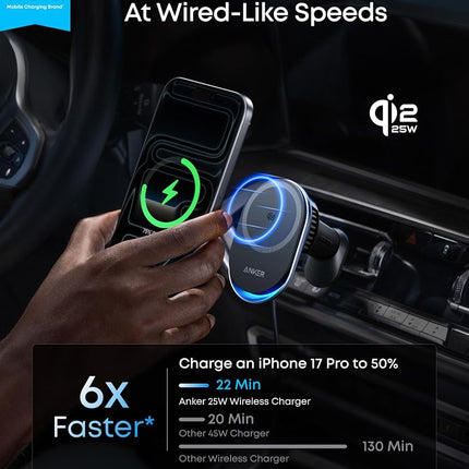 Anker Prime MagSafe Car Mount Charger, Qi2 25W Certified Wireless Car Charger with TEC Cooling, Strong Magnets, Air Vent Mount for iPhone 17-12 Series (Check Vent Compatibility, Includes 60W Adapter)