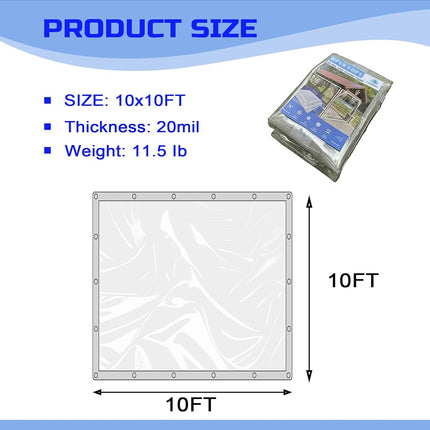 LTCANOPY Clear Tarp 10 x10FT, 20 Mil Clear Vinyl Tarp, Small Cover Clear Plastic Sheeting with Grommets, Double-Stitched Reinforced Edges, Heavy Duty Tarps Waterproof and Tearproof